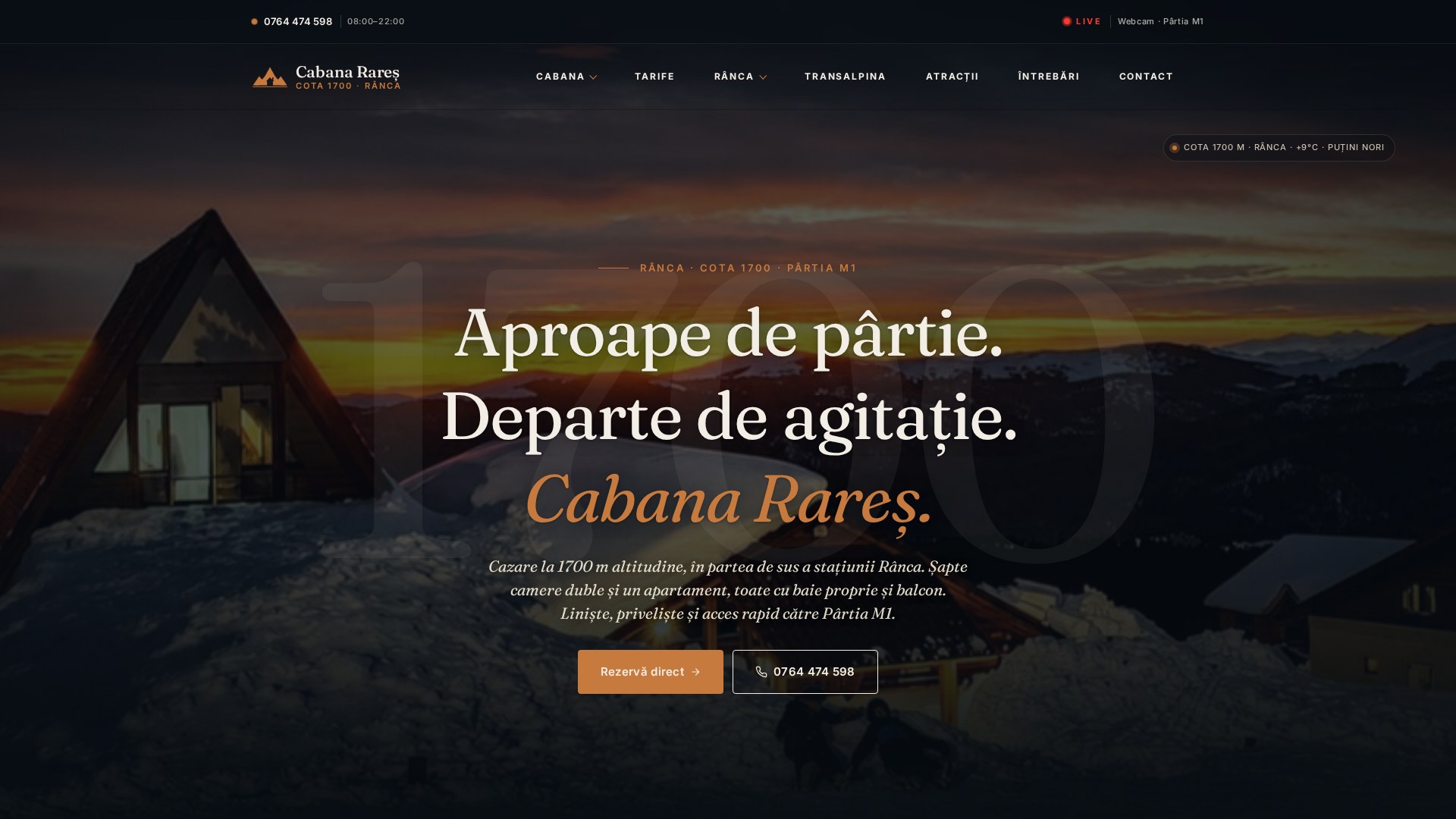 Cabana Rareș homepage hero with letterpress title reveal