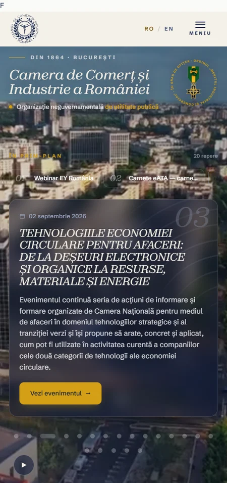 The new ccir.ro on a phone: the menu, the institution's title and the focus list over video