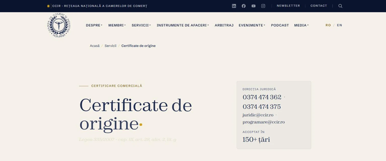 The new Certificates of Origin page: description, important notice and the responsible directorate's contact card