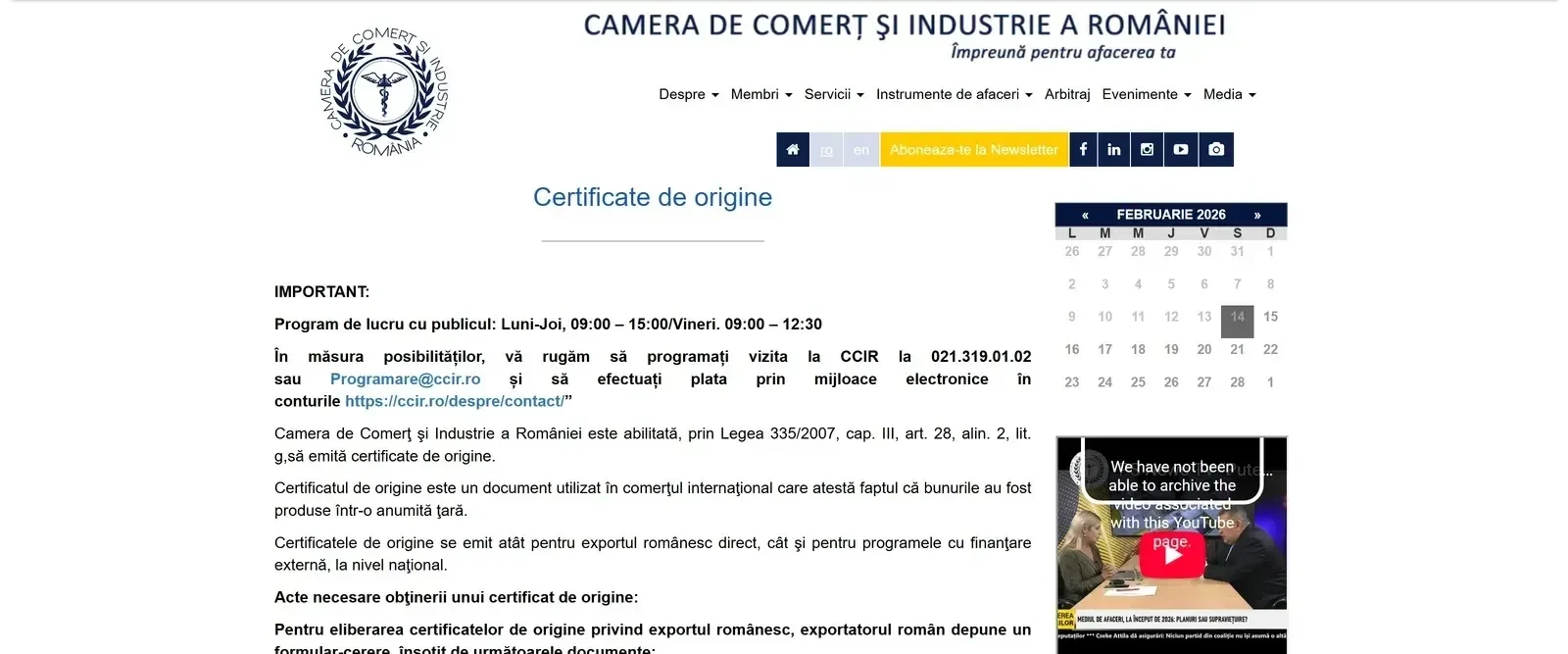 The old Certificates of Origin page: a block of text with no structure, the working hours and phone number buried in a paragraph