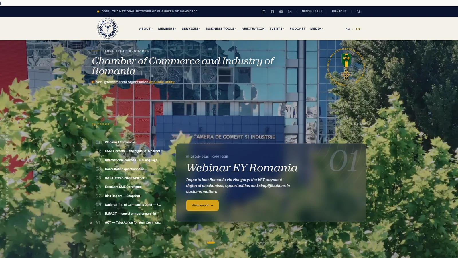 The first screen of ccir.ro in English: the same menu, the same title, the same list, its own address