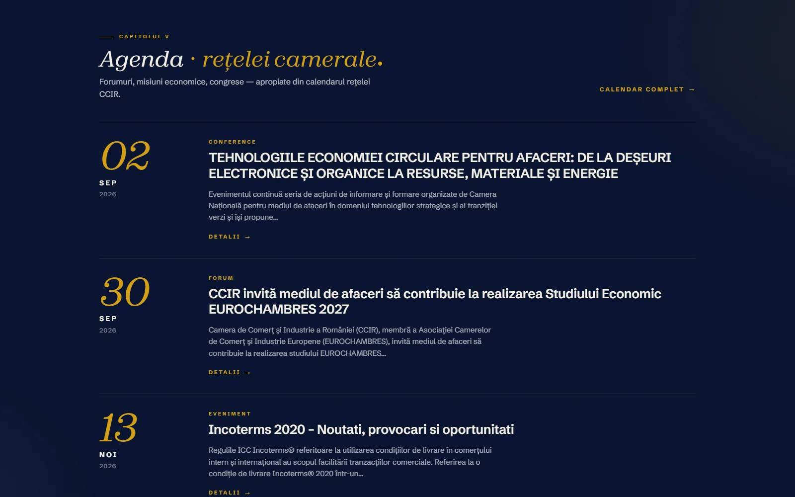 The chamber network's agenda on the homepage: three events with date, type and organiser