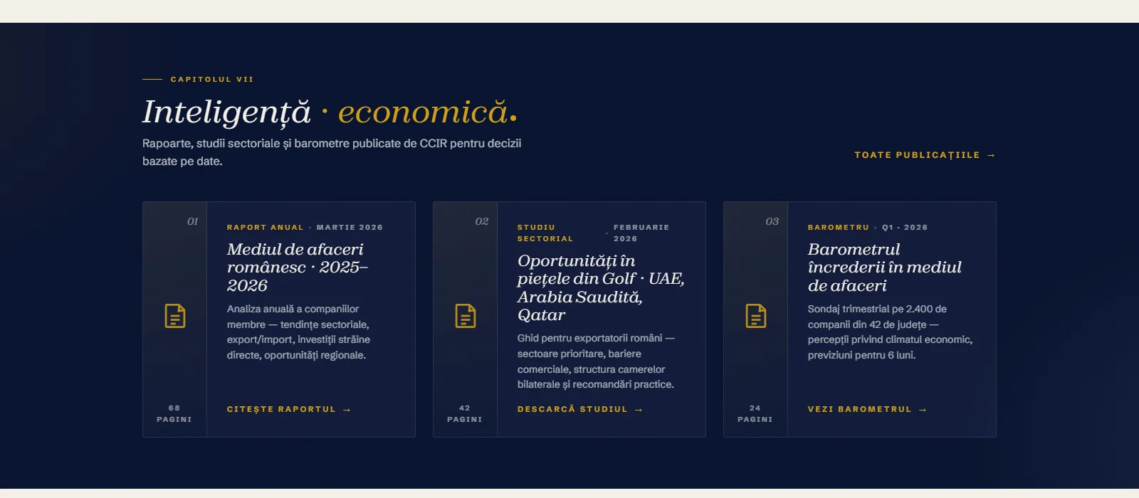 The publications section on the homepage: three reports with type, date and page count