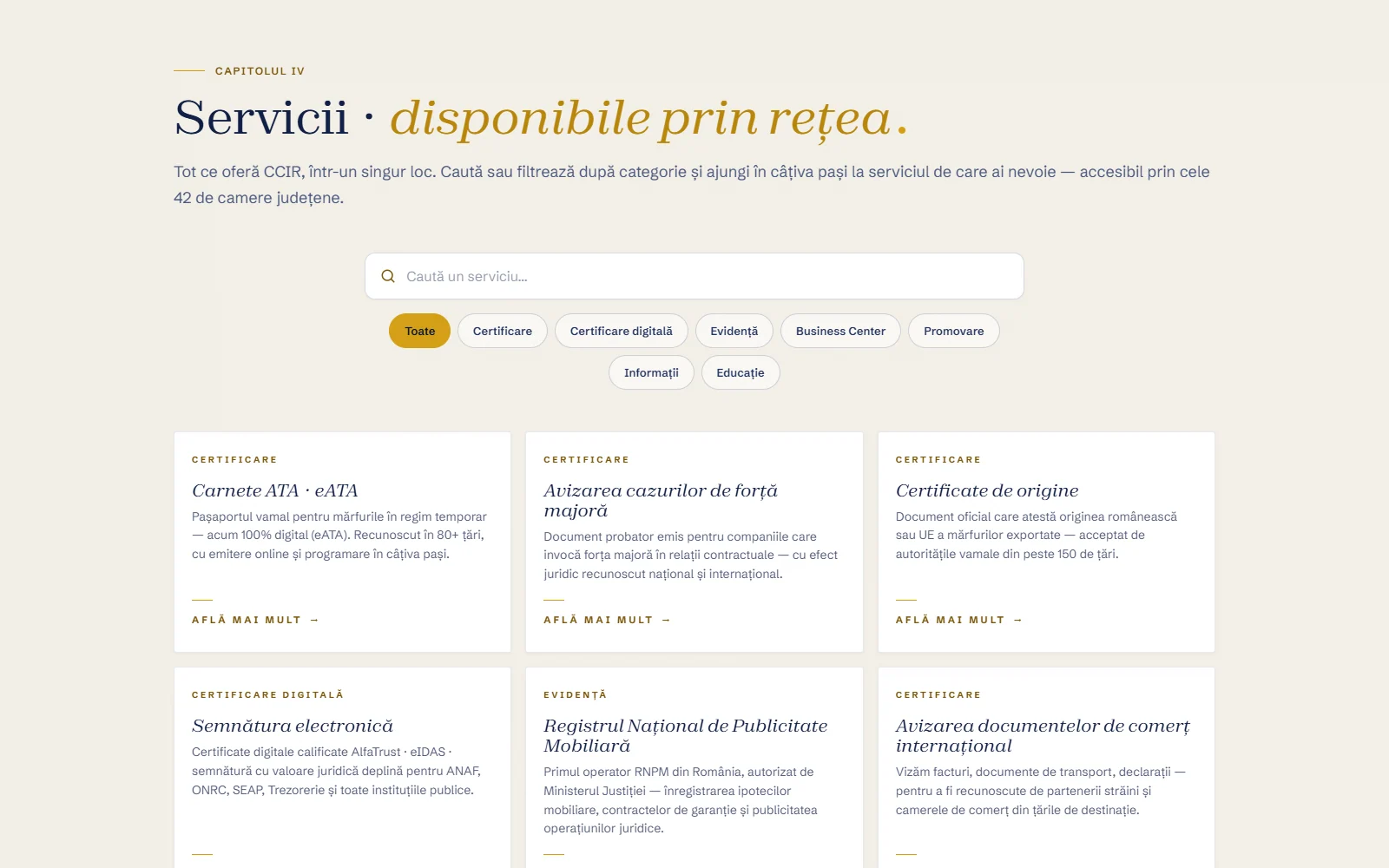 The services catalogue on the homepage: a search field, category filters and the service cards