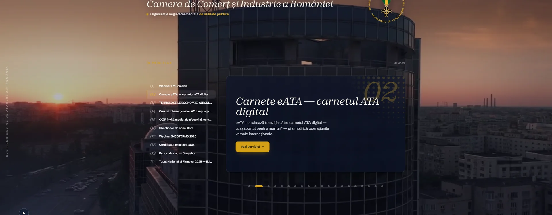 The CCIR building at sunset, in the video that opens the site