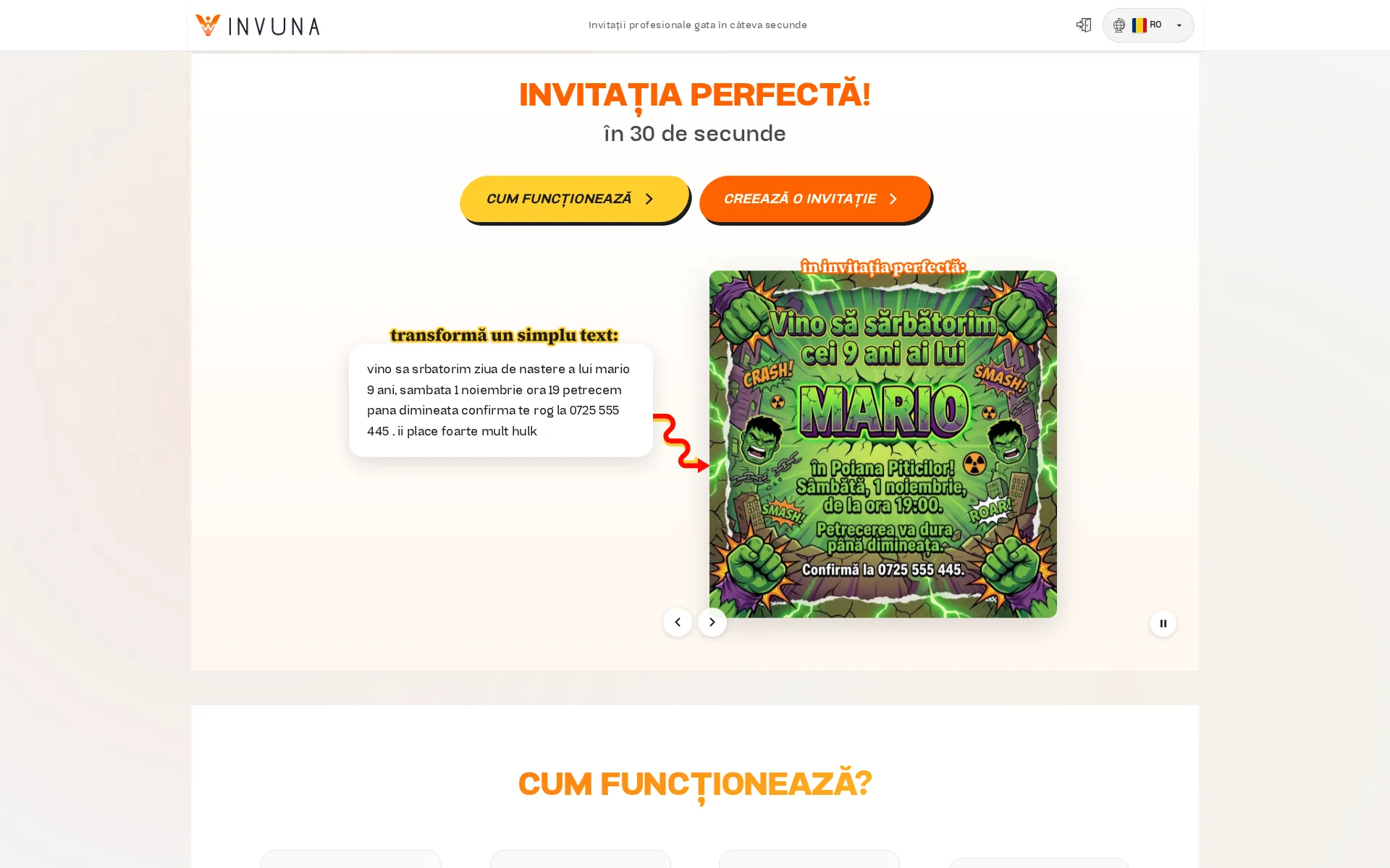 Invuna in use — a generated invitation card