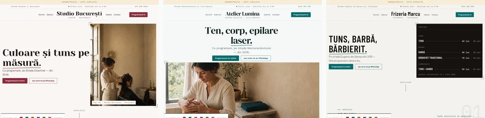 Trei site-uri demonstrative alăturate: coafor, centru estetic și frizerie